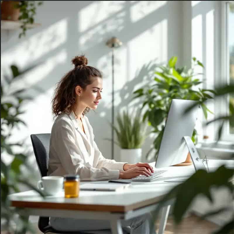 Woman working on a desktop computer in a bright, plant-filled office, illustrating local SEO efforts and digital marketing strategies.